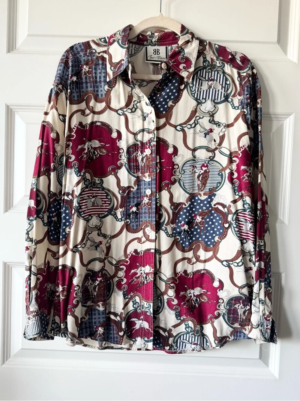 Vintage Bill Blass Equestrian Carousel Horse Circus Print Button Down Shirt