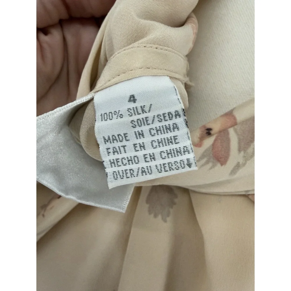 VIntage Silk Chiffon Floral Tie Neck Button Blouse Size 4 Beige Cottagecore