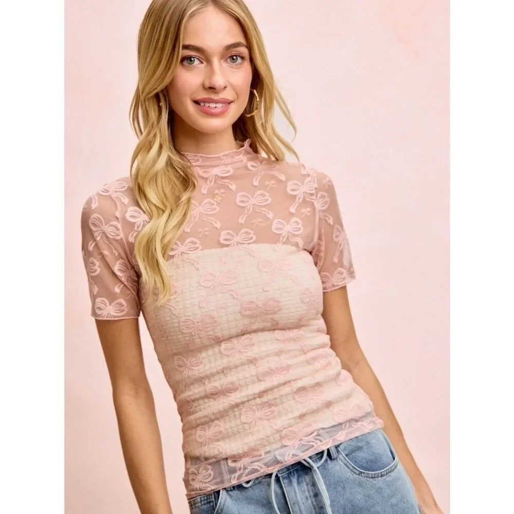 BiBi High Neck Short Sleeves Delicate Sheer Pink Bow-Embroidered Top sz Medium