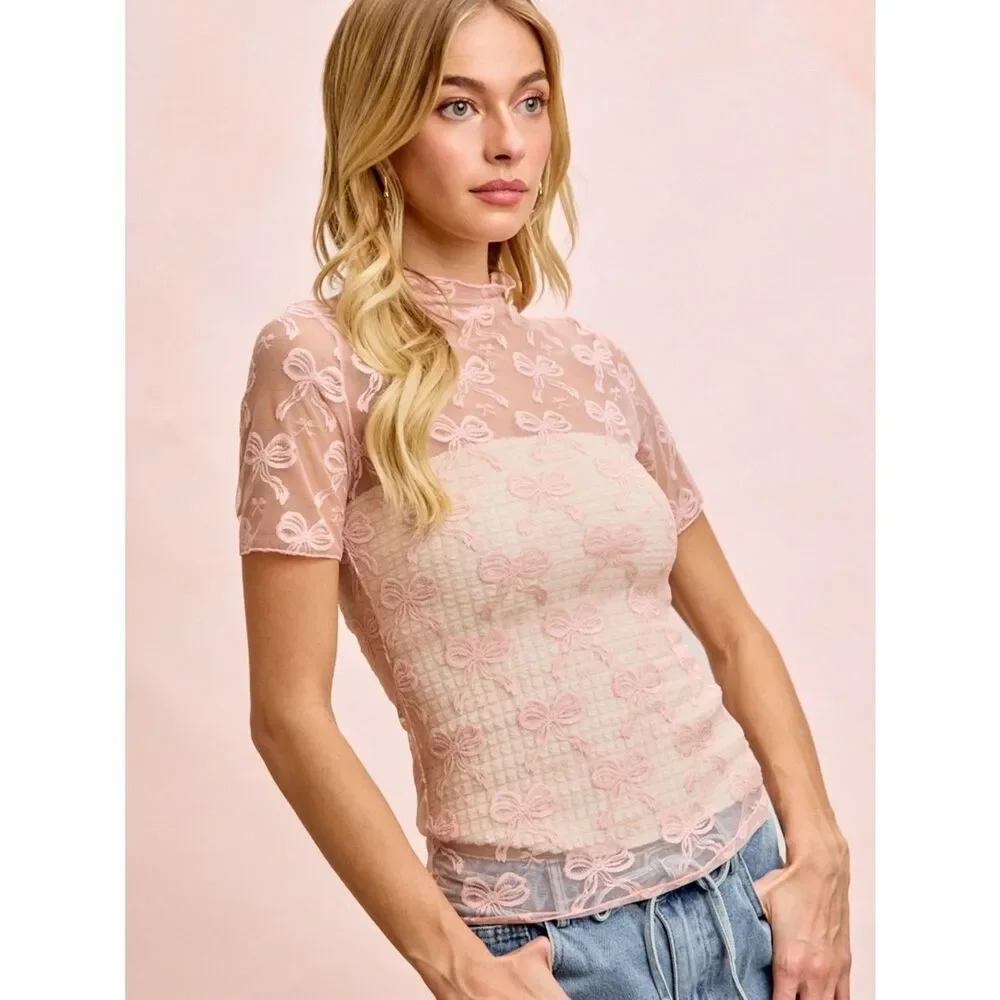 BiBi High Neck Short Sleeves Delicate Sheer Pink Bow-Embroidered Top sz Medium
