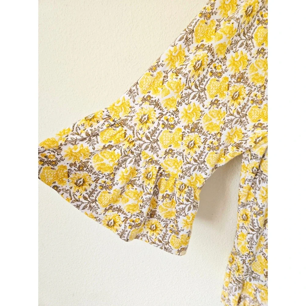 Style & Co Womens 2X Yellow‎ Floral Ruffle 3/4 Sleeve Peasant Top Scoop Neck