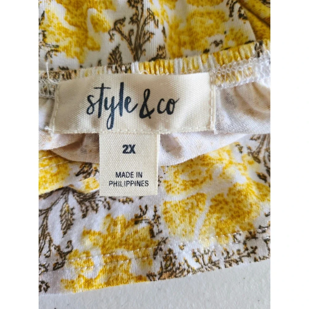 Style & Co Womens 2X Yellow‎ Floral Ruffle 3/4 Sleeve Peasant Top Scoop Neck