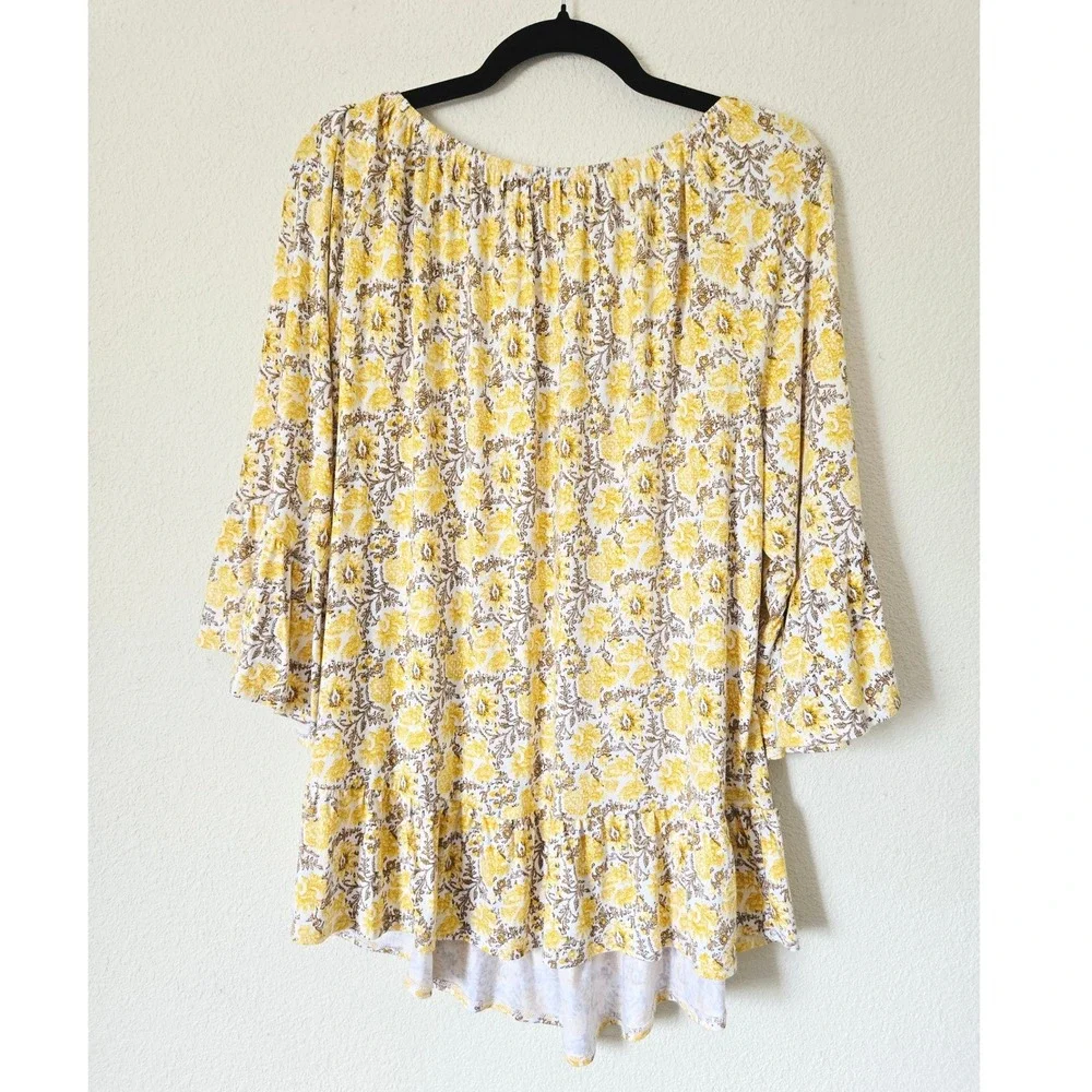 Style & Co Womens 2X Yellow‎ Floral Ruffle 3/4 Sleeve Peasant Top Scoop Neck