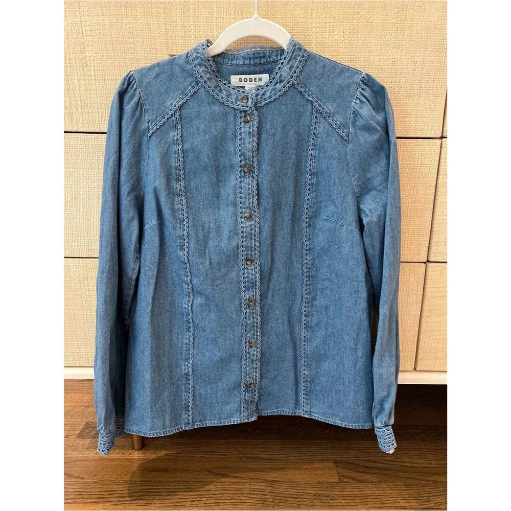 Boden Rhea Trim Insert Denim Button Up Top Blouse Light Vintage Sz 6