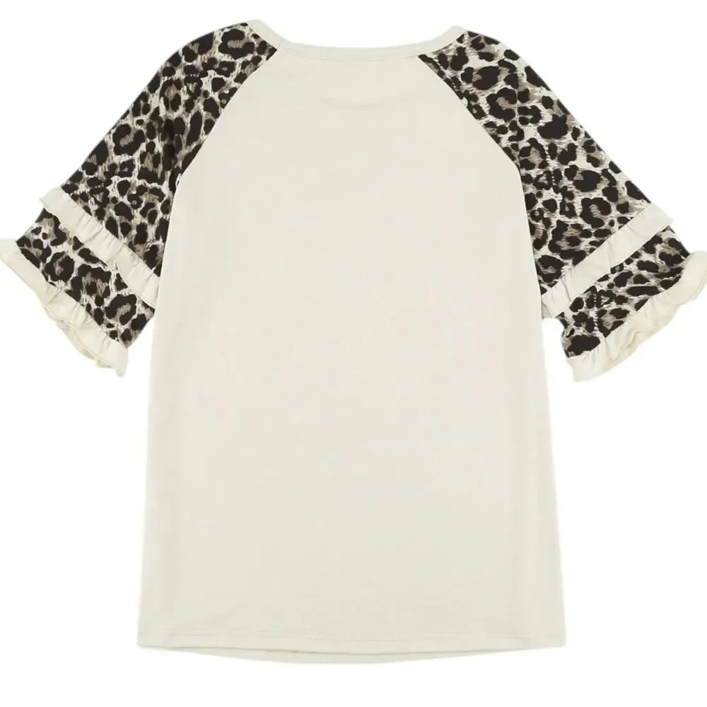 Tan Ruffled Leopard Sleeve Patchwork Top New Size Small