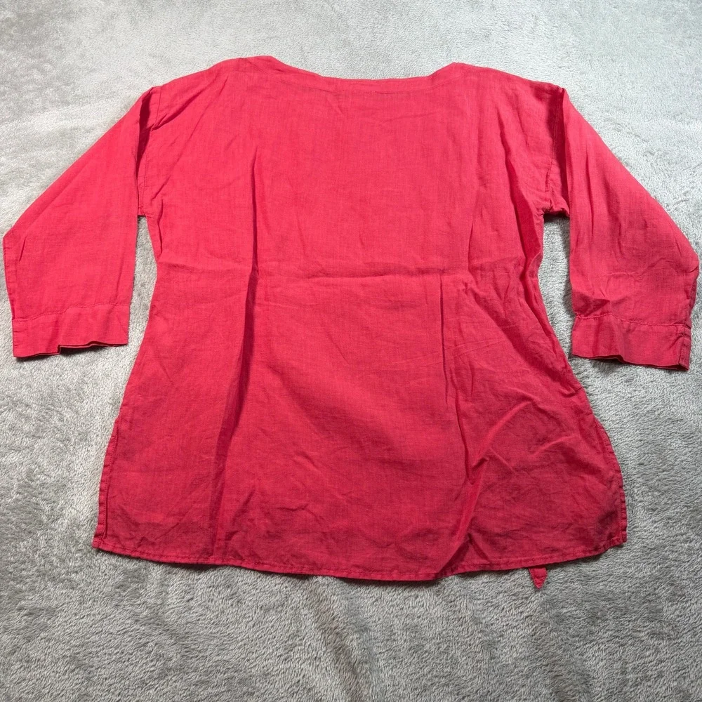 Eileen Fisher Linen Top Womens XS Pink 3/4 Sleeve Drawstring Garment Dyed
