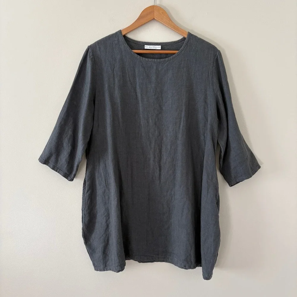 Bryn Walker Tunic Top S Gray Lagenlook Linen 3/4 Sleeve Pockets Made in USA