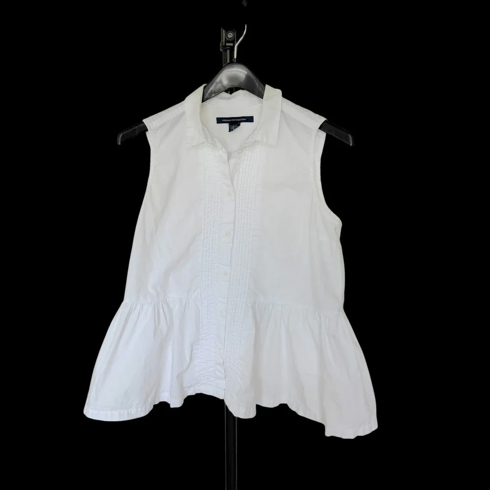 Y2K‎ French Connection Babydoll Sleeveless Pleated Peplum Button Down Top Sz 8
