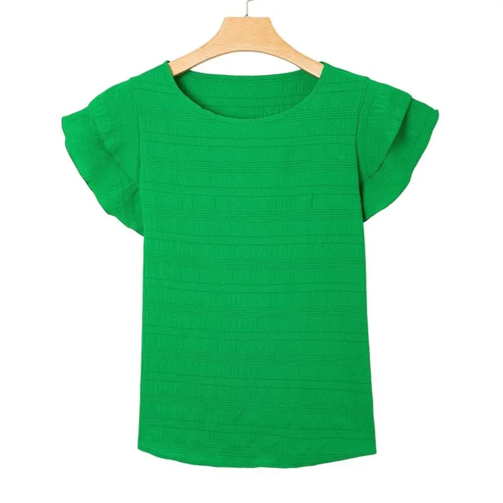 Green Textured Ruffled Short Sleeve Round Neck Top New Size Small
