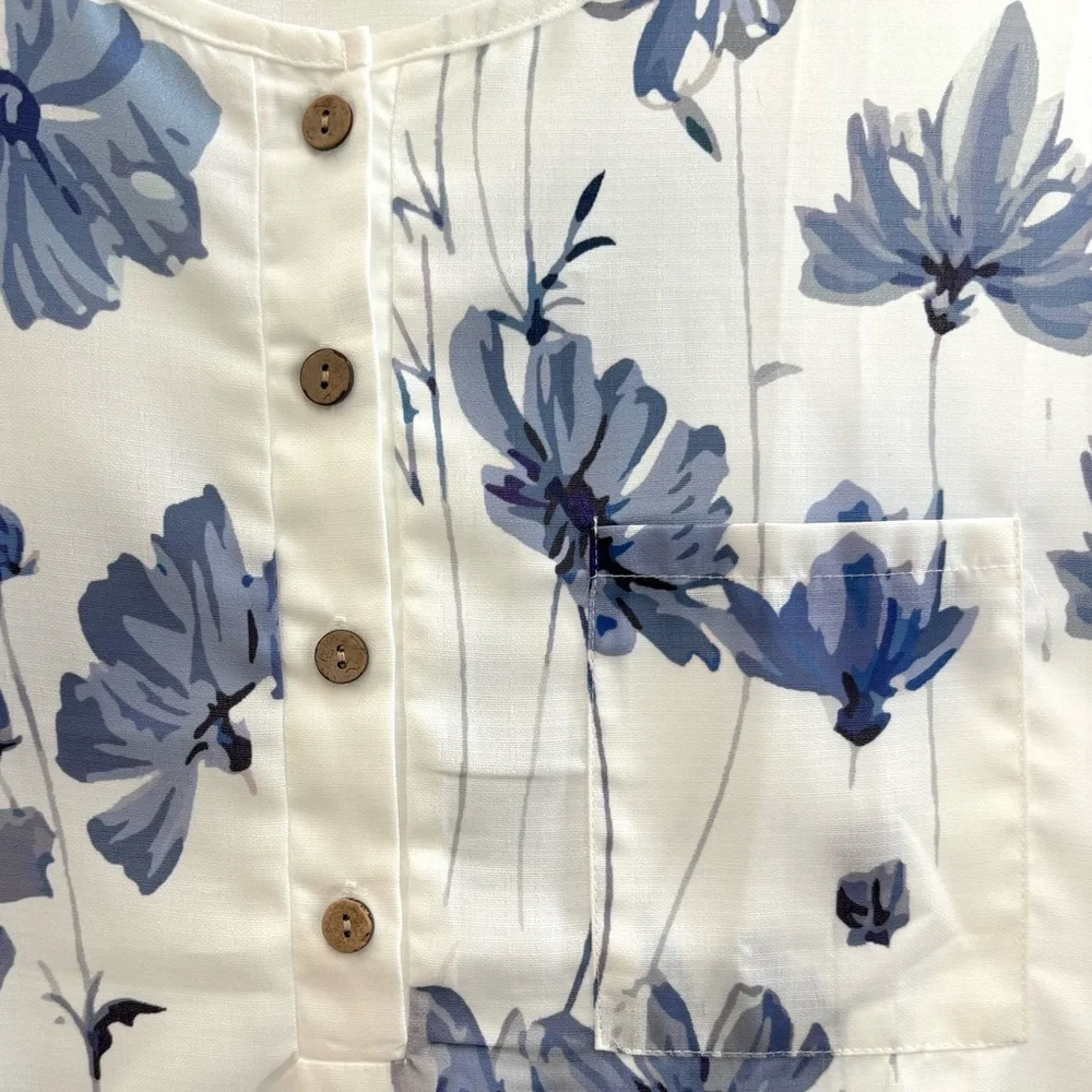 Romantic Vintage Floral Blouse Short Sleeve Cottagecore Blue White Size X Large