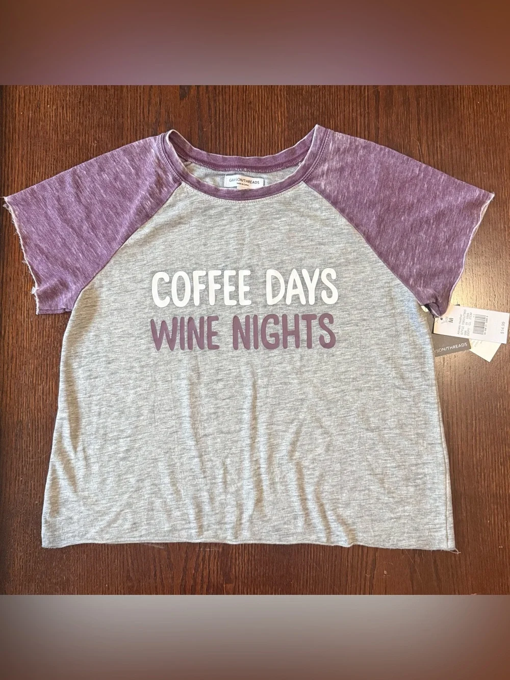 Coffee Days Wine Nights Gray & Purplish Wine Raglan Baby Tee Sz Med (New w/ Tag)