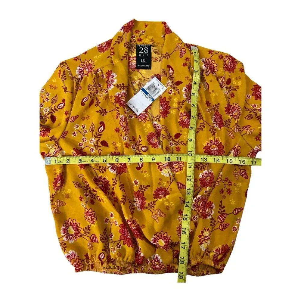 PROJECT 28 NYC Yellow Floral Print Faux‎ Wrap Top S Small Mustard NWT