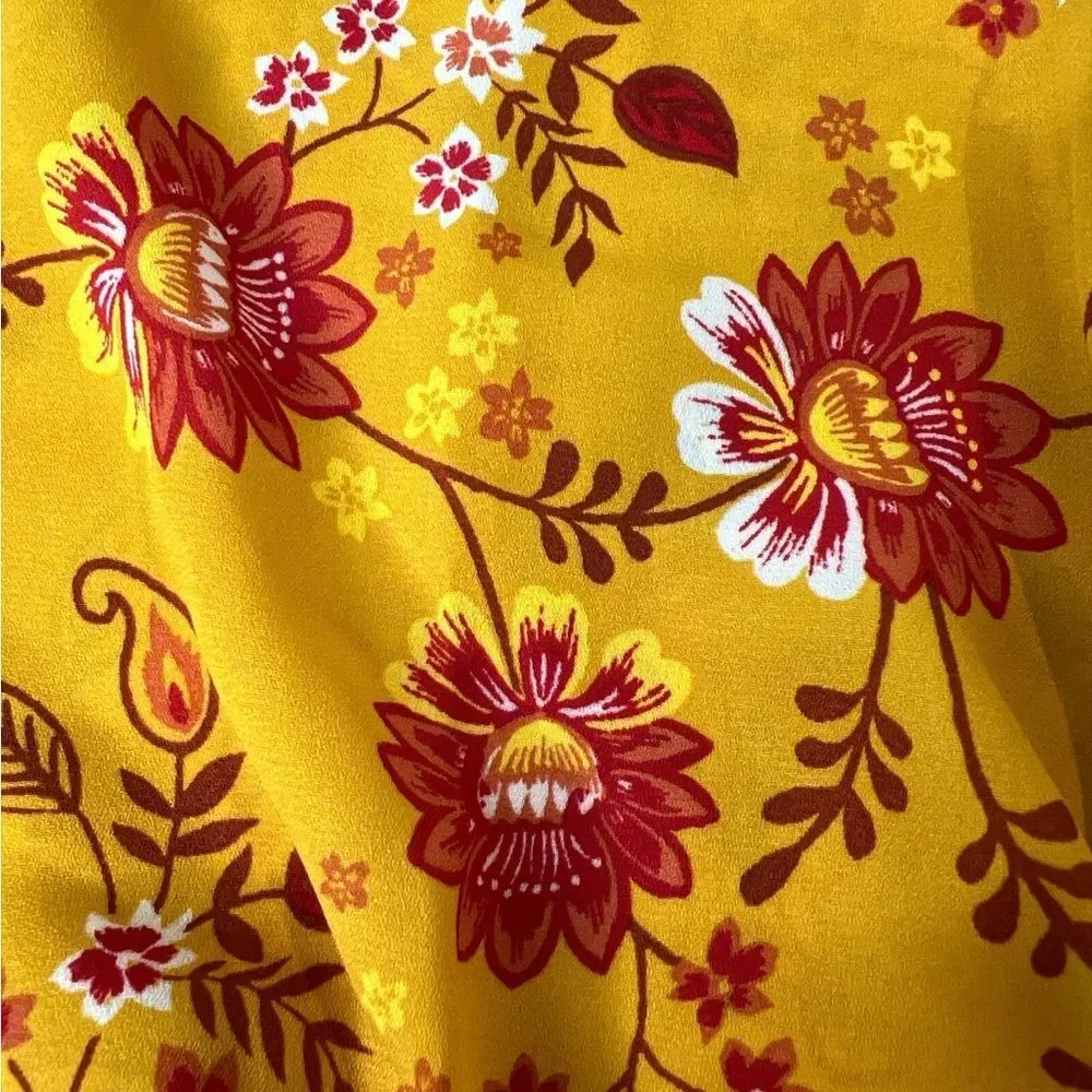 PROJECT 28 NYC Yellow Floral Print Faux‎ Wrap Top S Small Mustard NWT