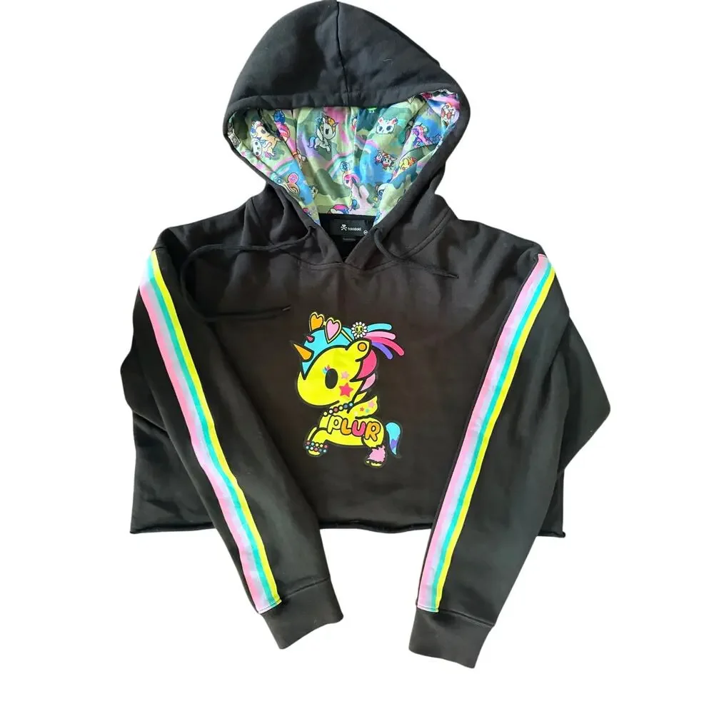 tokidoki Womens Hoodie Size Medium Black Unicorno Rainbow Cropped Sweatshirt Y2K