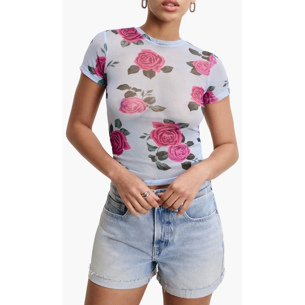Good American Mesh Baby Tee‎ Vintage Rose Floral Sheer Top Blue Pink Medium NWT