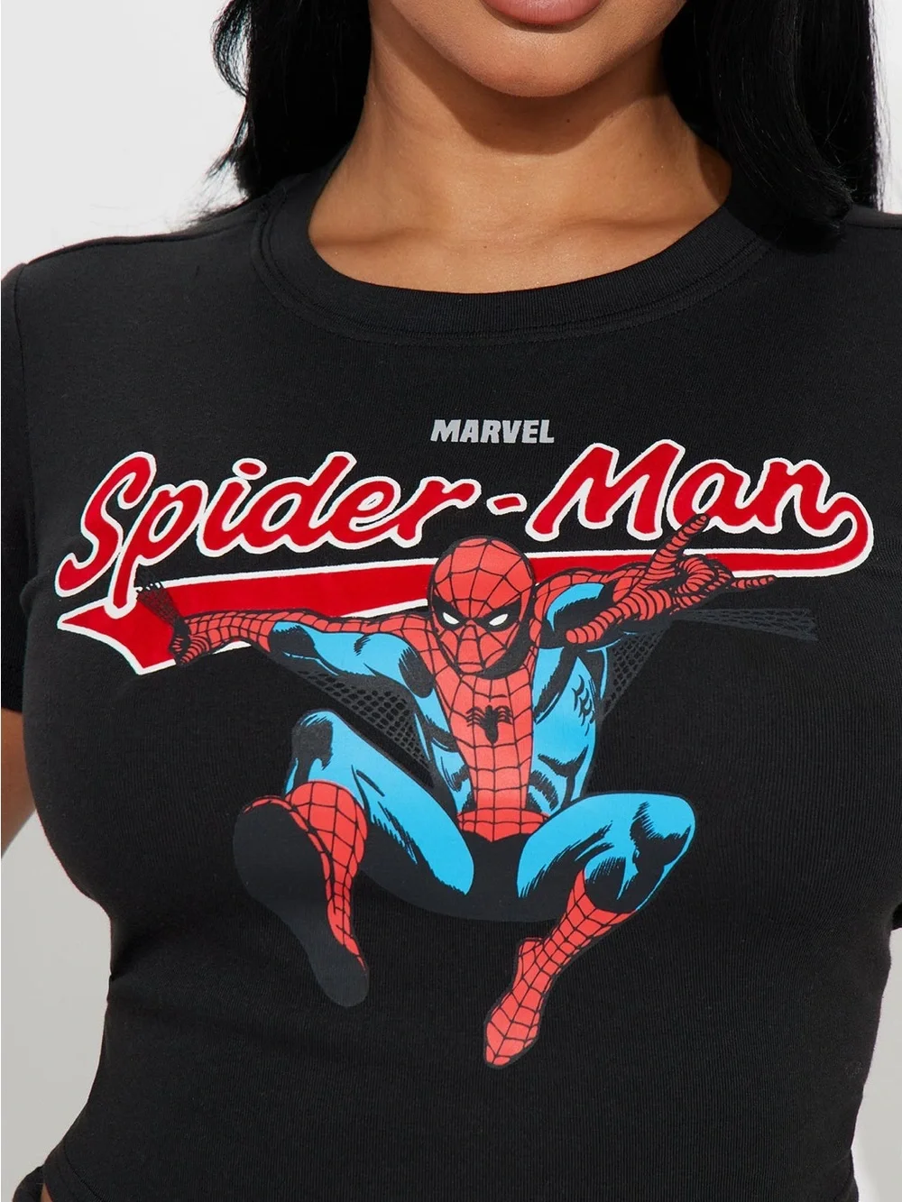 Marvel Black Spider-Man Graphic Crop Top with Red & Blue Print