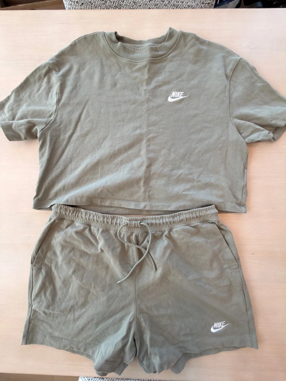 Nike Women’s Olive Green Crop Tee (Medium) & Drawstring Shorts (Large) Set