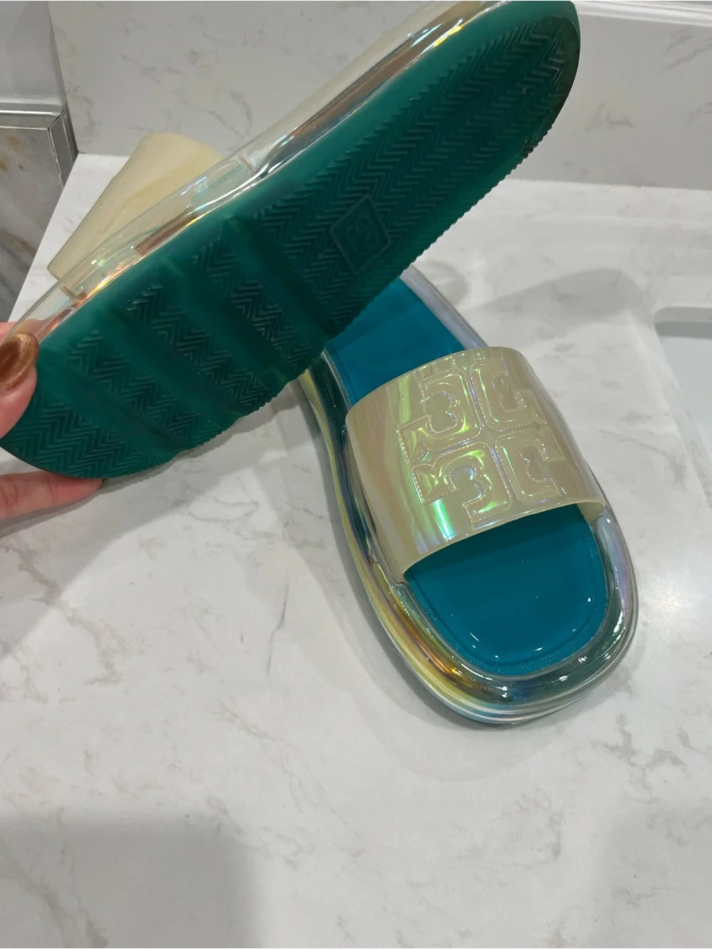 Clear Jelly Slide Sandals with Teal Footbed