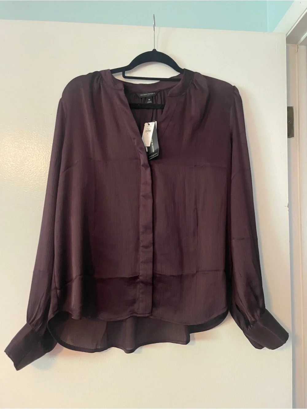 NWT Dark Plum Satin Long-Sleeve Button Front Blouse - Women