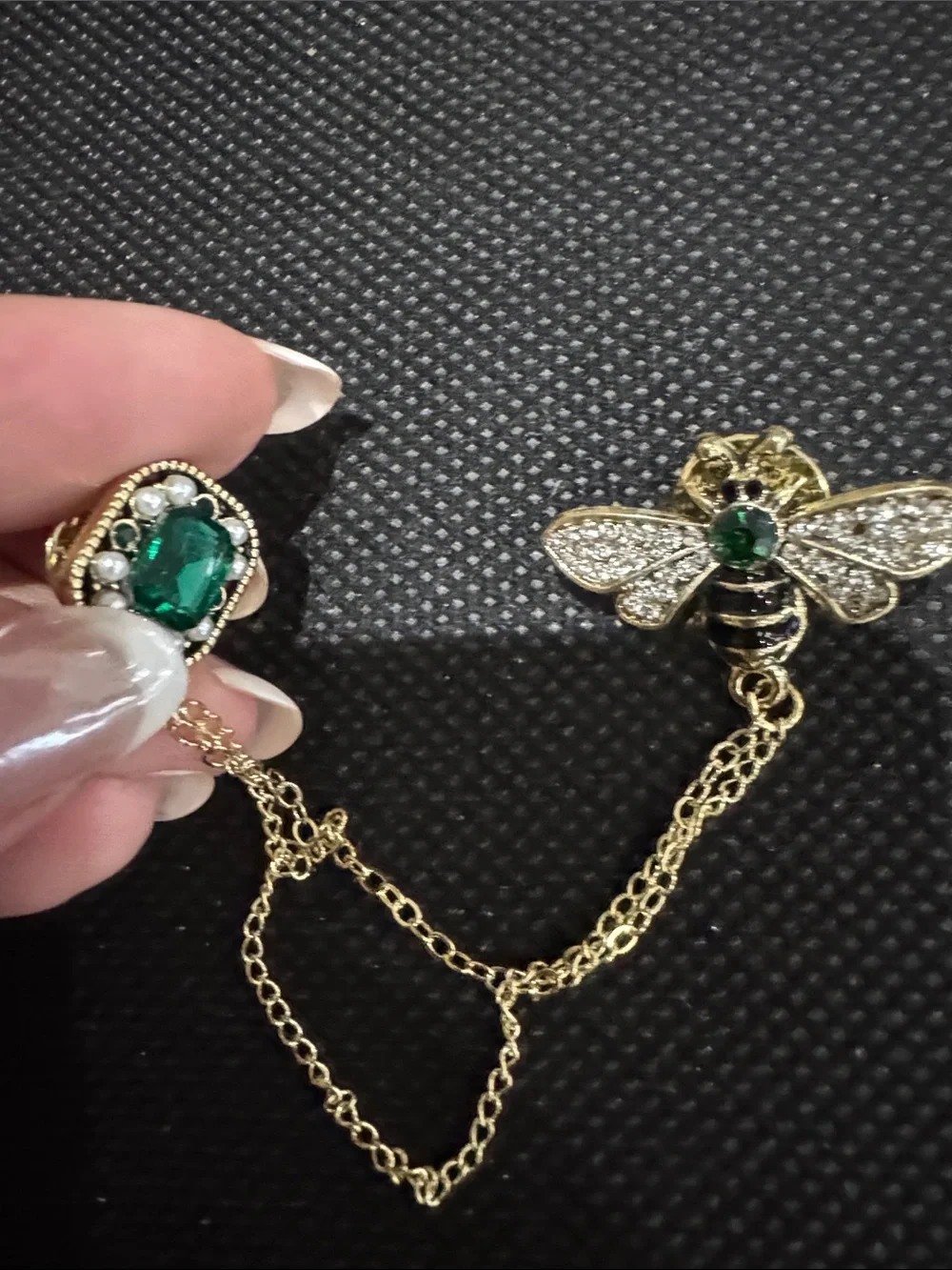 Gold tone Bee Connector Pin with Emerald Green Stones - Women Jewelry