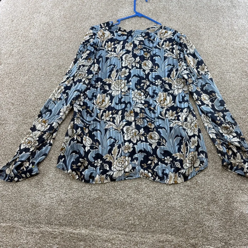 Ann Taylor Factory Blue Floral Metallic Stripe V-Neck Blouse Womens M Office