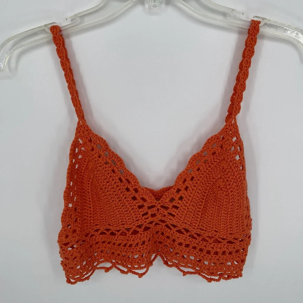 Women's Orange Crochet Knit Boho Bralette Crop Top‎ Size Small/Medium