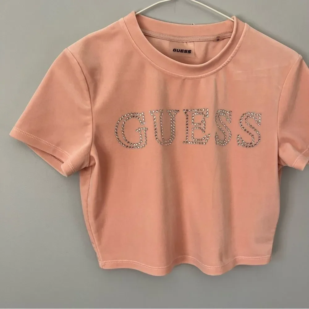 Guess Rhinestone Front Logo Powder Pink Velour Cropped Short Sleeve Shirt Size S