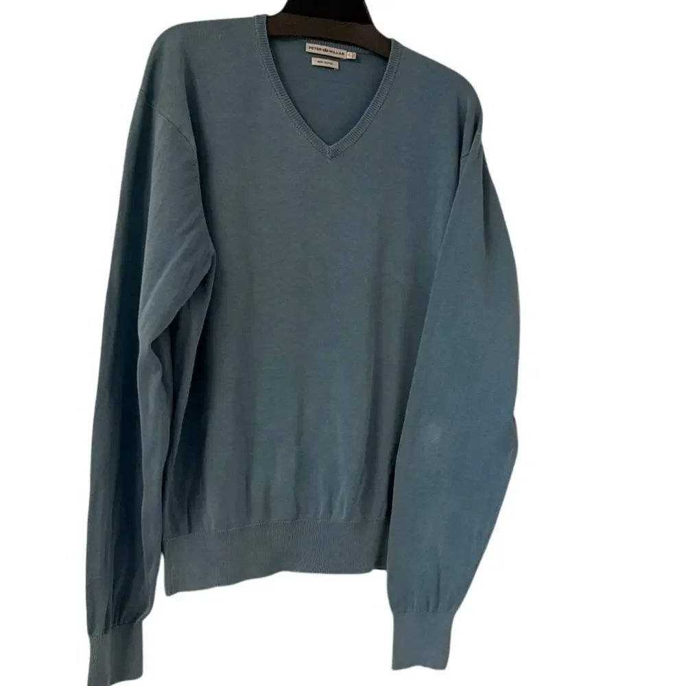 Peter Miller Large 100% Cotton Light Blue V-neck Long Sleeve Sweater Ribbed Hem
