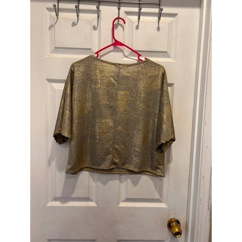 Caution to the Wind Womens Gold Metallic Foil Dolman Sleeve Boxy Crop Top Small‎