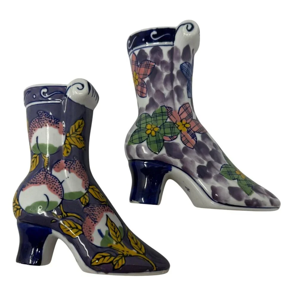 Vtg Wall Pocket Pair‎ 2 Victorian Shoe Boot Wall Planters Blue Floral Porcelain