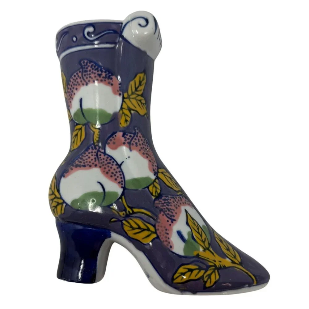 Vtg Wall Pocket Pair‎ 2 Victorian Shoe Boot Wall Planters Blue Floral Porcelain
