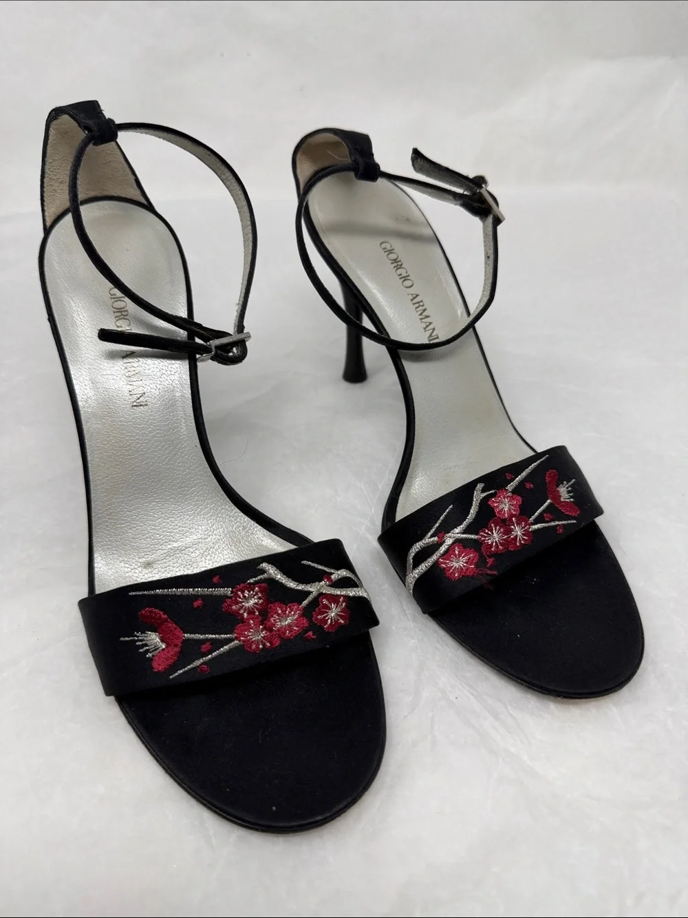 Giorgio Armani Black Embroidered Floral Ankle-Strap Sandals Size 36.5