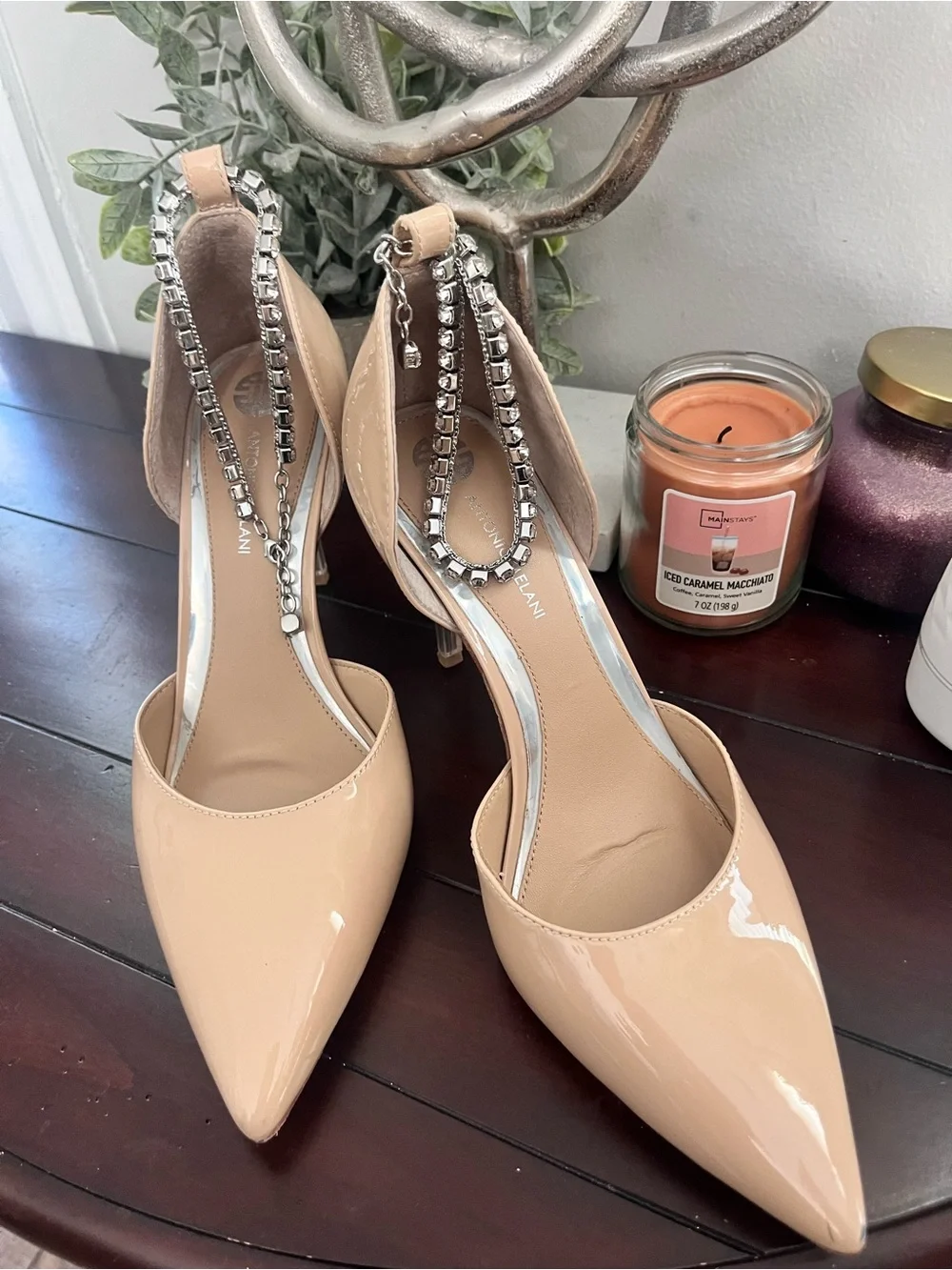 ANTONIO MELANI Nude Patent Pointed-Toe Stiletto with Crystal Anklet