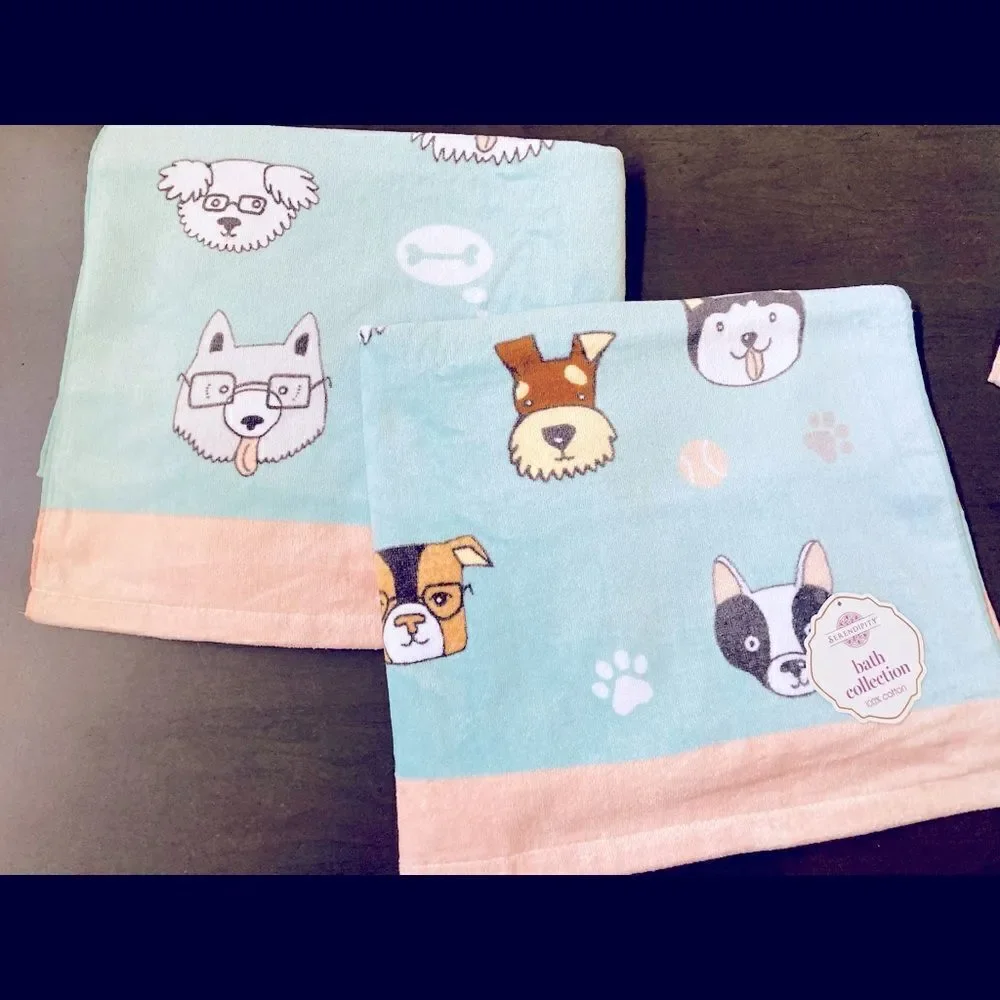 Dog Face Pastel Print 2-pc Cotton Bath Towels Set