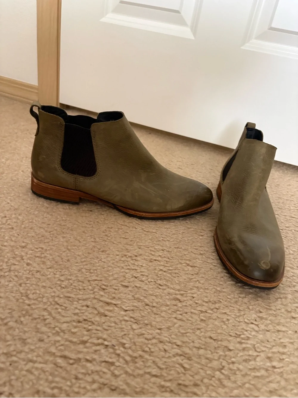 Kork-Ease Olive Leather Chelsea Booties with Black Elastic