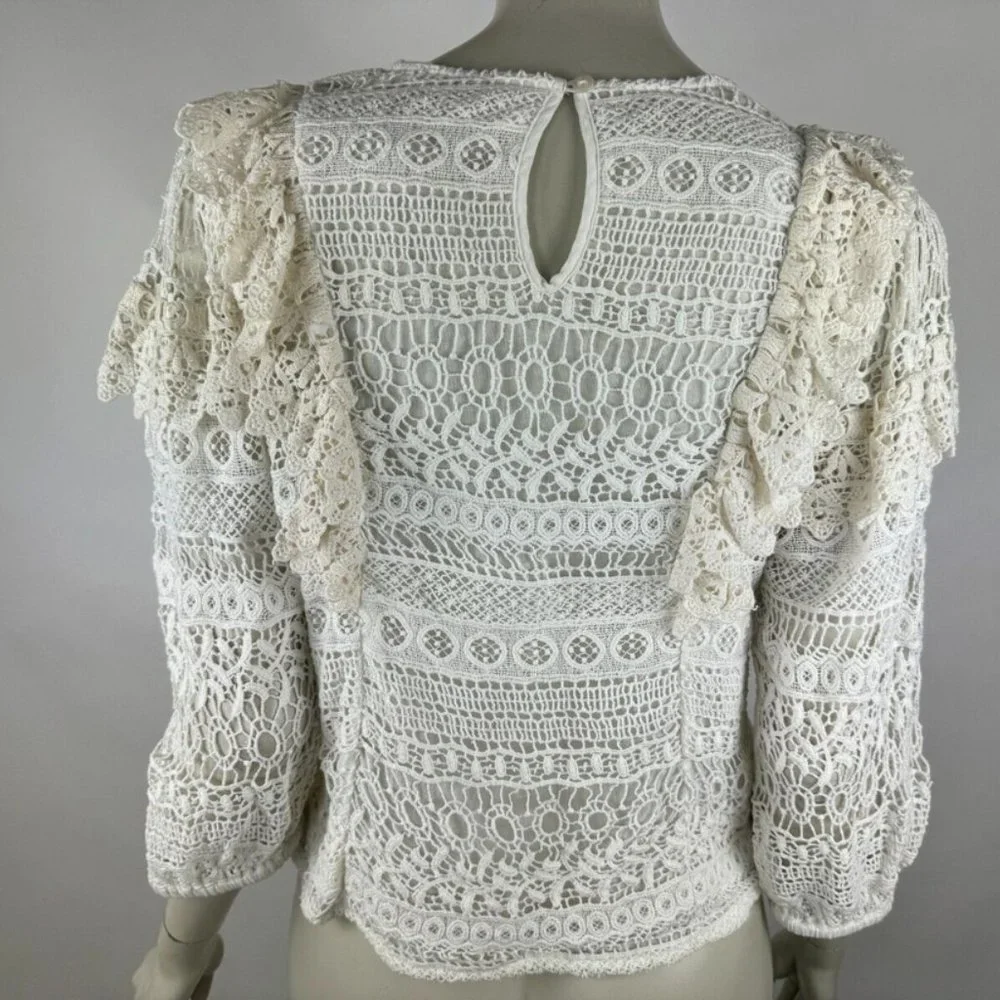 Anthropologie Seen Serena Lace Ruffle Blouse Top Women S 3/4 Sleeve Lined Cotton