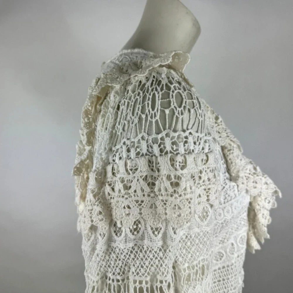 Anthropologie Seen Serena Lace Ruffle Blouse Top Women S 3/4 Sleeve Lined Cotton