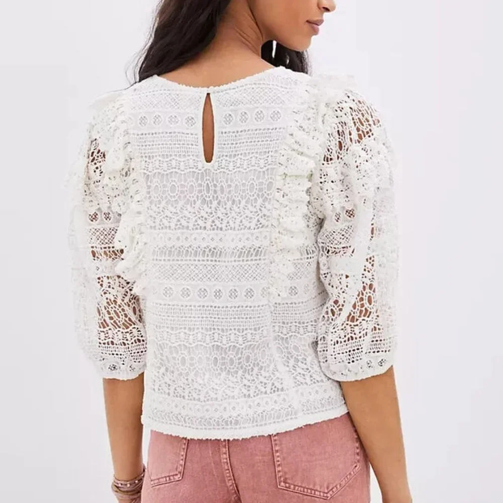 Anthropologie Seen Serena Lace Ruffle Blouse Top Women S 3/4 Sleeve Lined Cotton