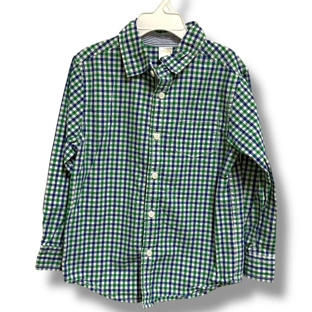 Gymboree Spring Prep Green Blue Check White Gingham Long‎ Sleeve Woven Shirt 5 6