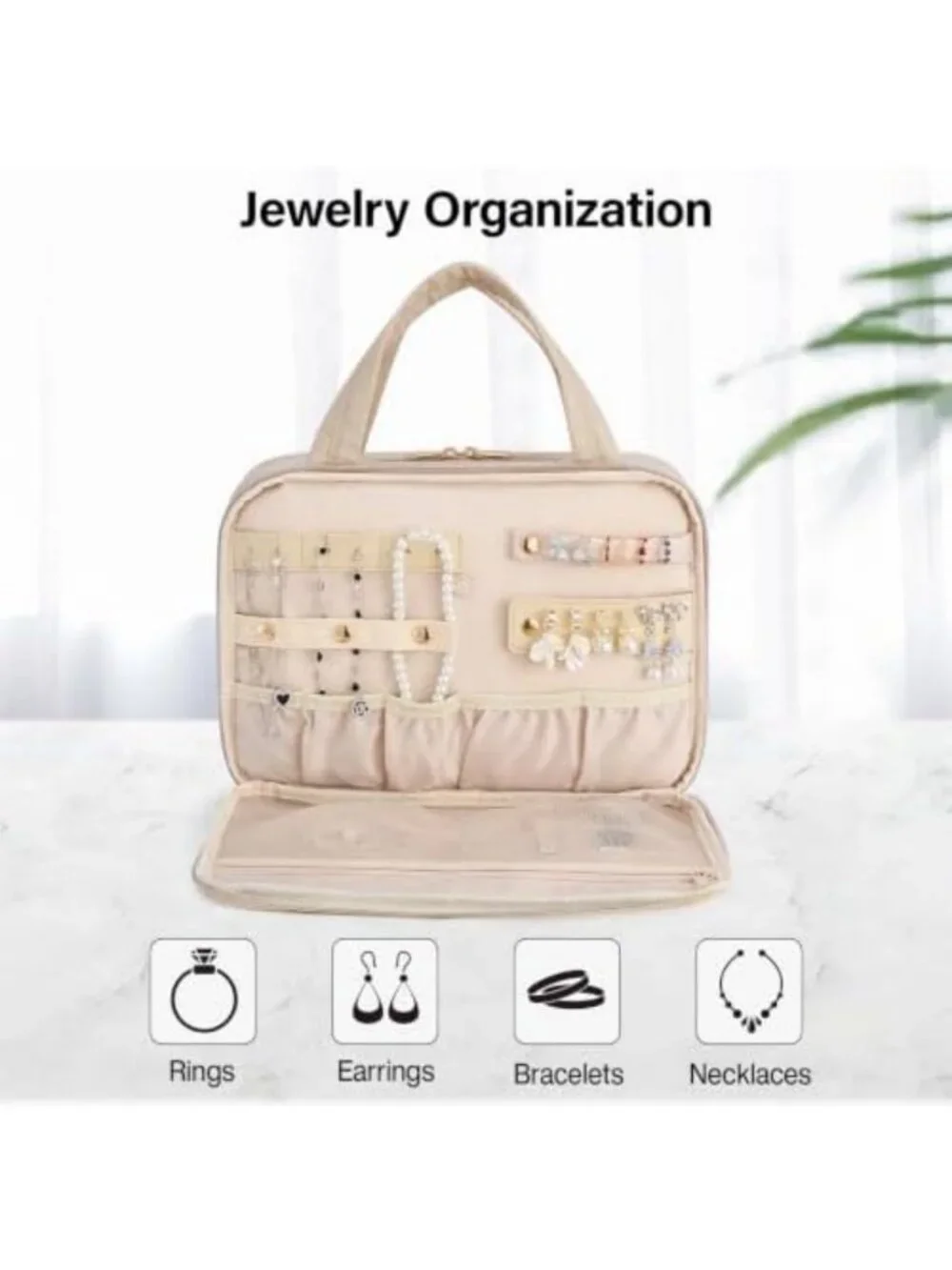 Travel Toiletry Bag with Jewelry Organizer - Stylish Apricot Hanging Design