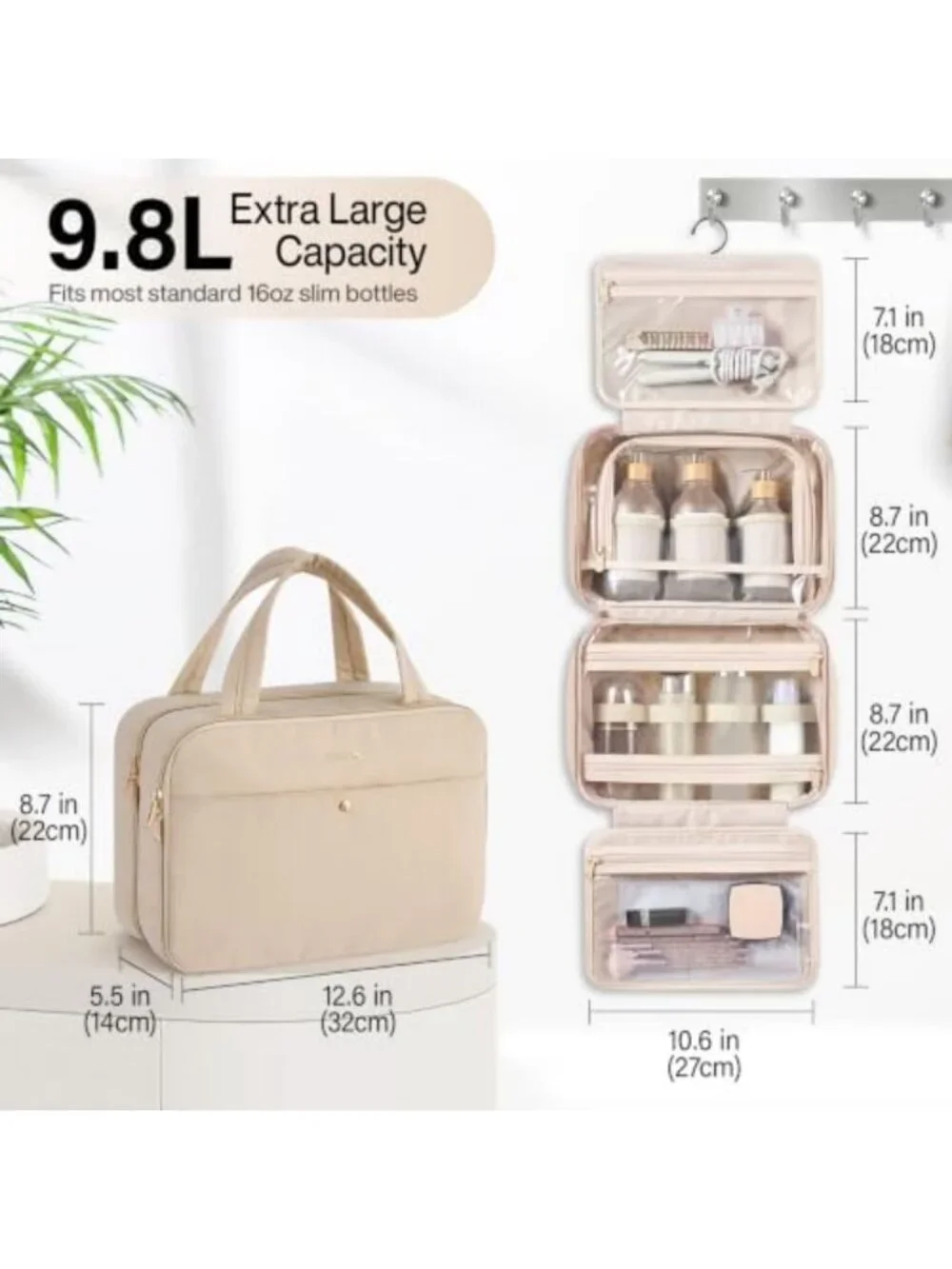 Travel Toiletry Bag with Jewelry Organizer - Stylish Apricot Hanging Design
