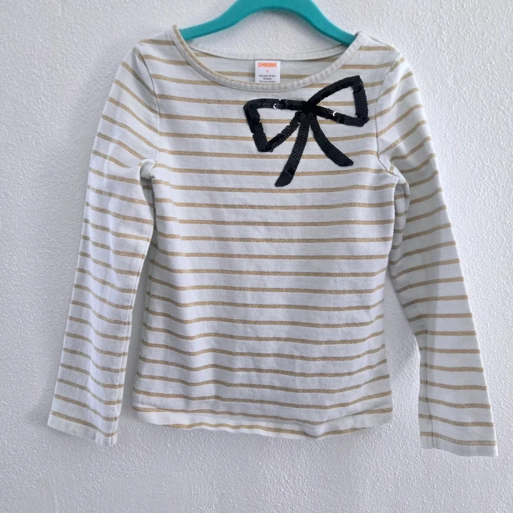 Gymboree Girls White Gold Metallic Striped Shirt Black Sequin‎ Bow Top Size 7