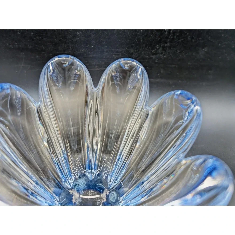 Orrefors Mayflower Crystal Bowl Blue Clear Hand Blown Petal Dish‎ Signed 4