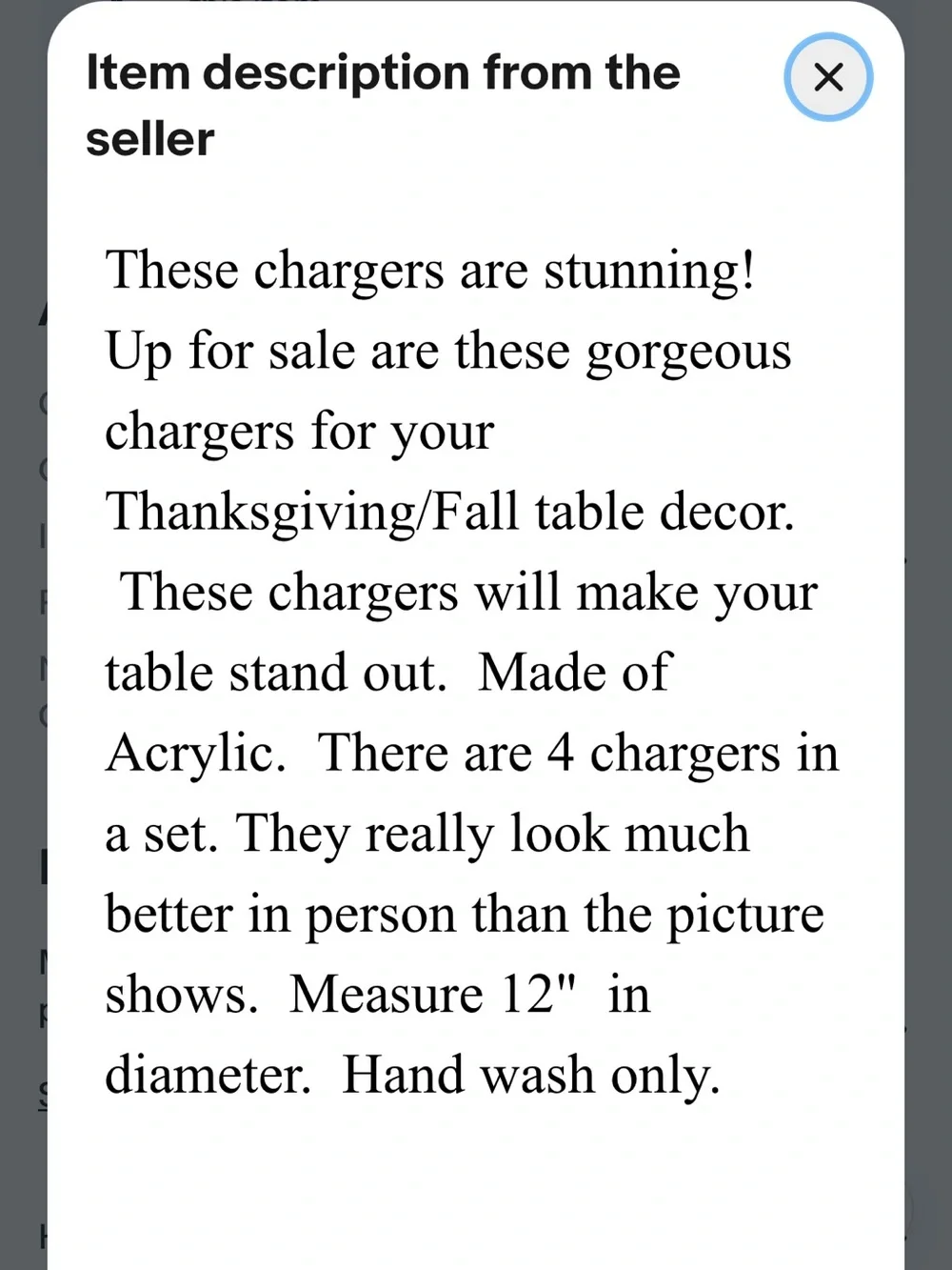 Thanksgiving fall Rachel Zoe acrylic Gold scallop charger plates set of four