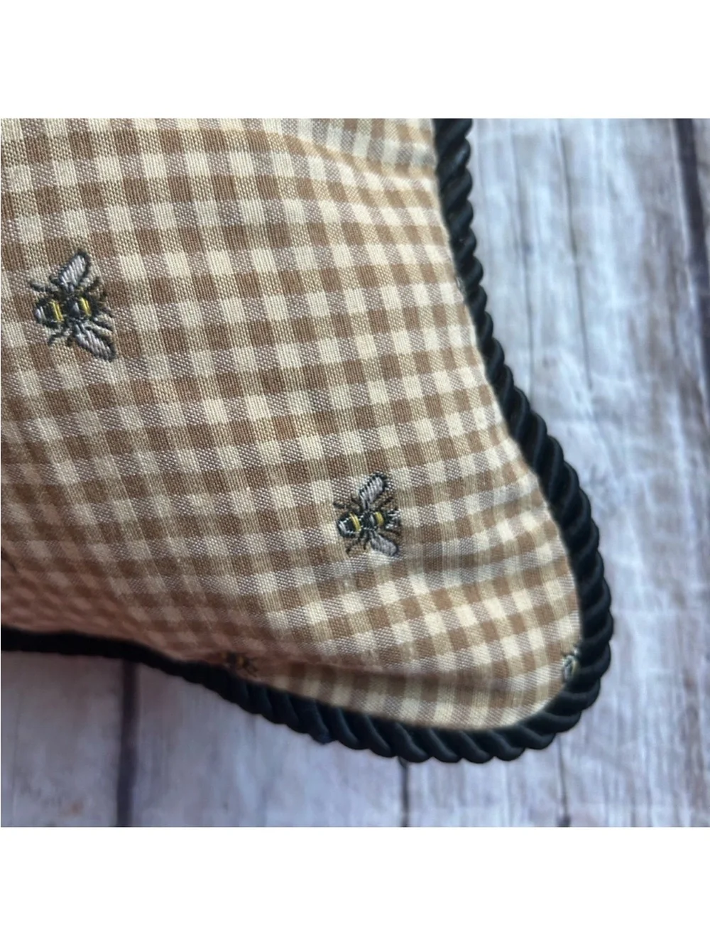 Waverly Beige Gingham Embroidered Accent Pillow with Black Piping