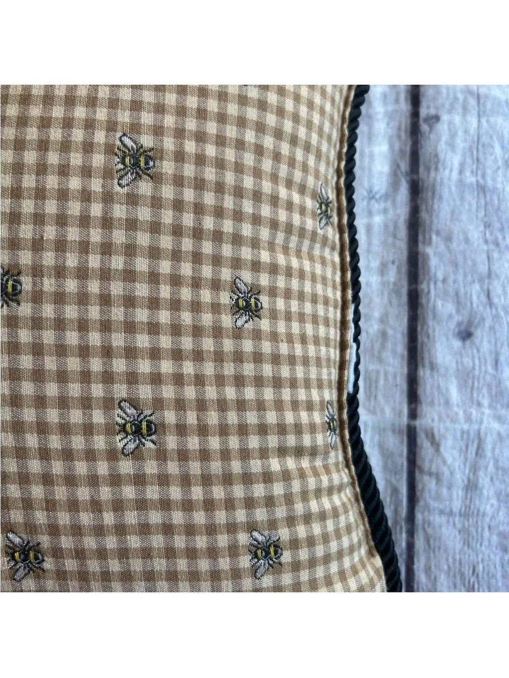Waverly Beige Gingham Embroidered Accent Pillow with Black Piping