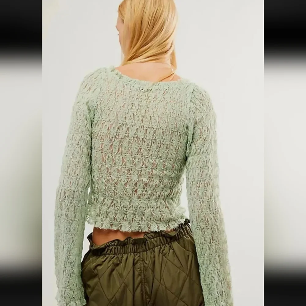 Free People FP One Madison Top Smocked Lace Sheer Hook-Front Bell Sleeve NEW S
