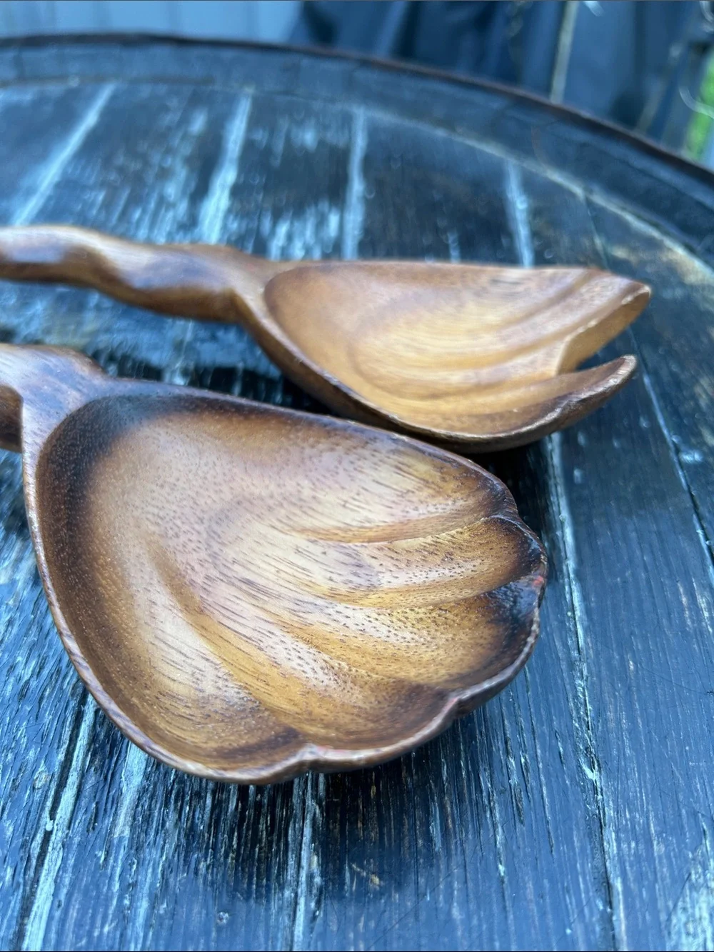 Vintage hand-carved wooden salad server Fork & Spoon set