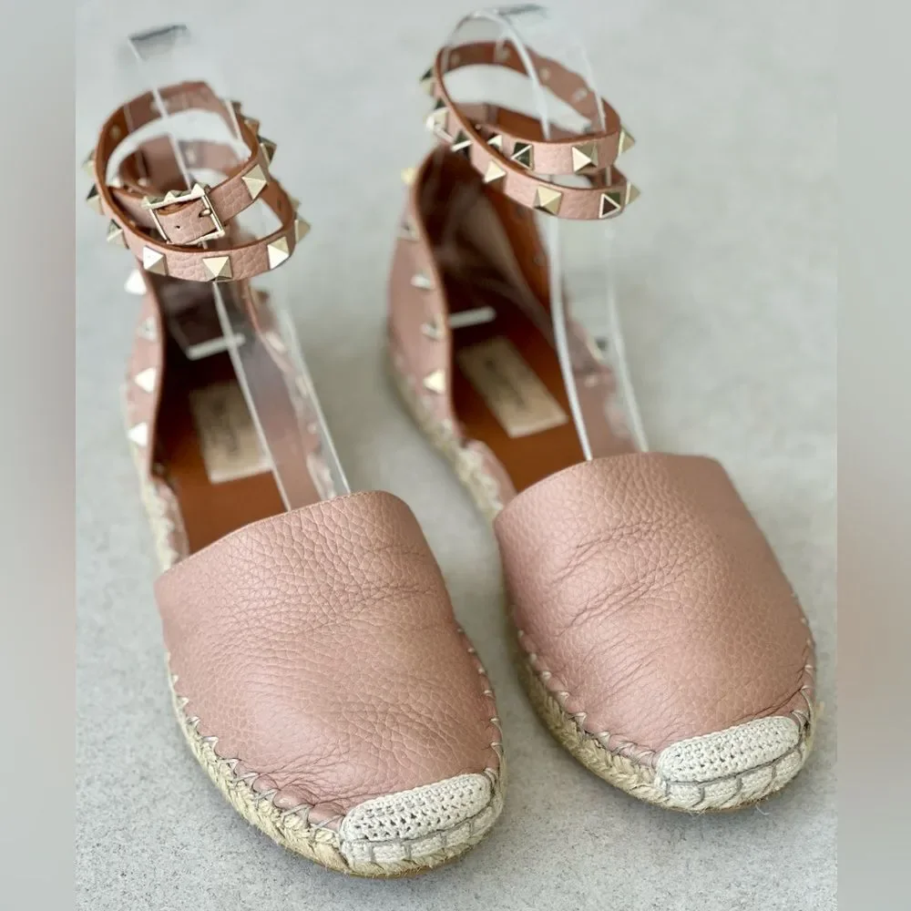 Valentino Garavani Rockstud Pink Leather Espadrille Ankle Wrap Flats Size 37