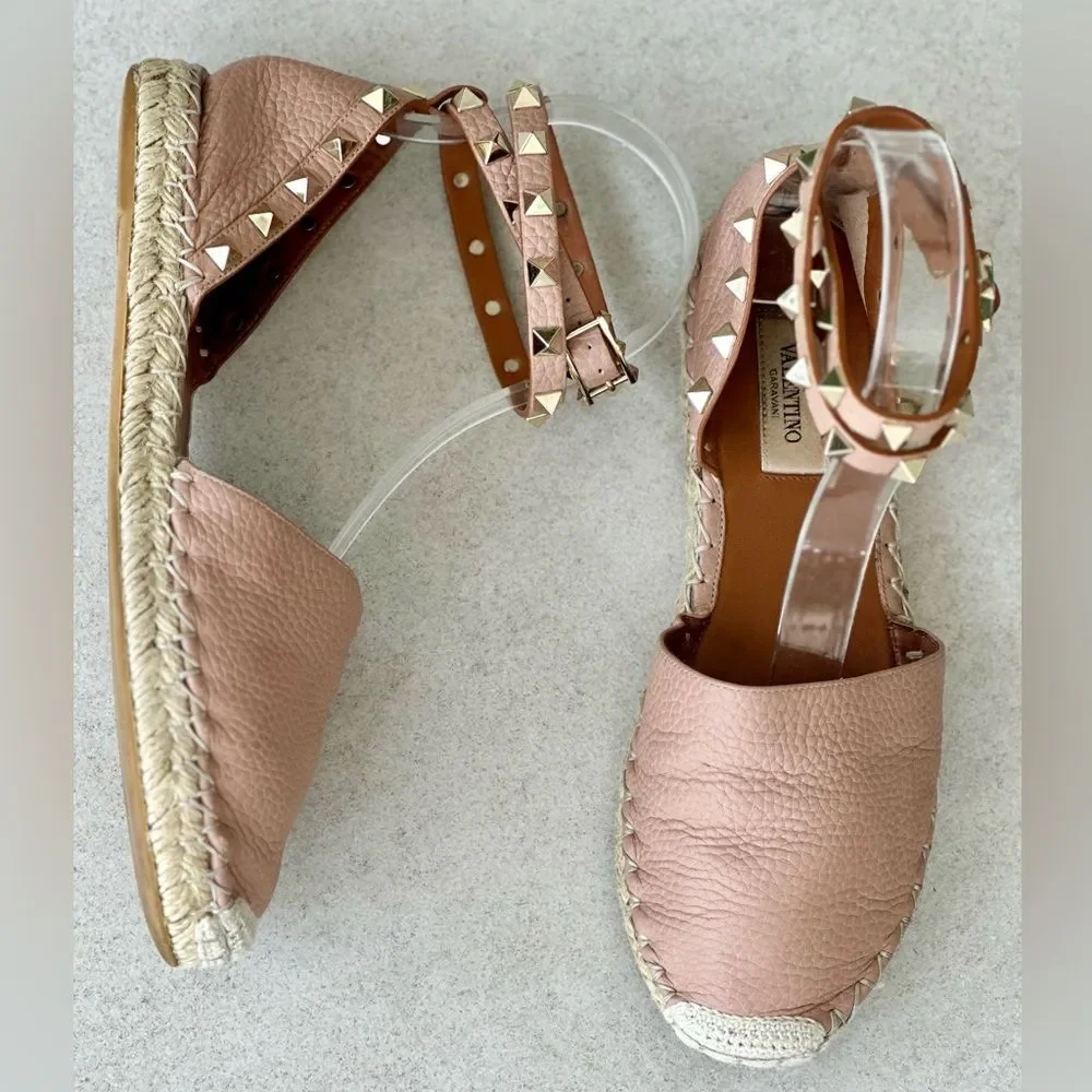 Valentino Garavani Rockstud Pink Leather Espadrille Ankle Wrap Flats Size 37
